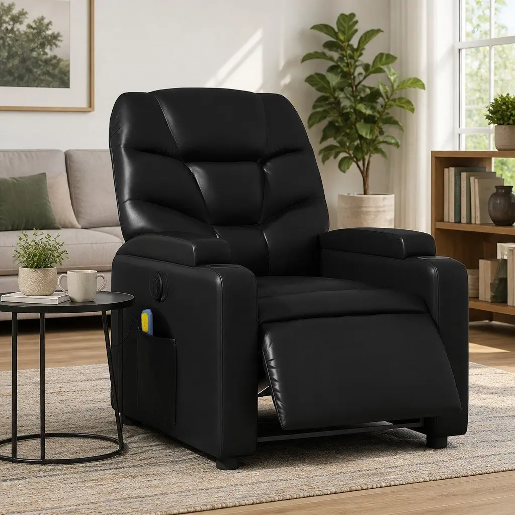 Electric Massage Recliner Chair Faux Leather Black 135 Degrees