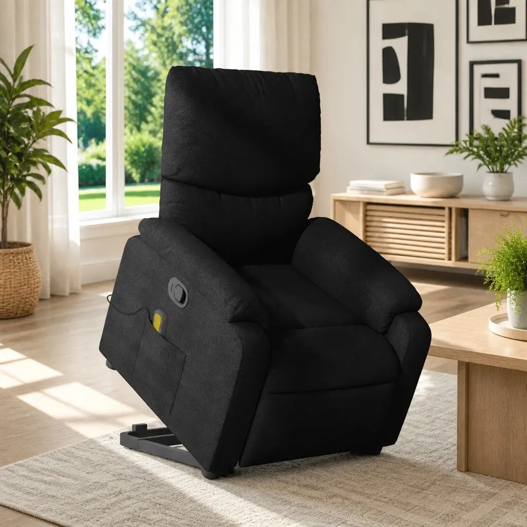 Electric Massage Chair Stand Up Recliner Black Fabric 6 Point Vibration Manual Reclining
