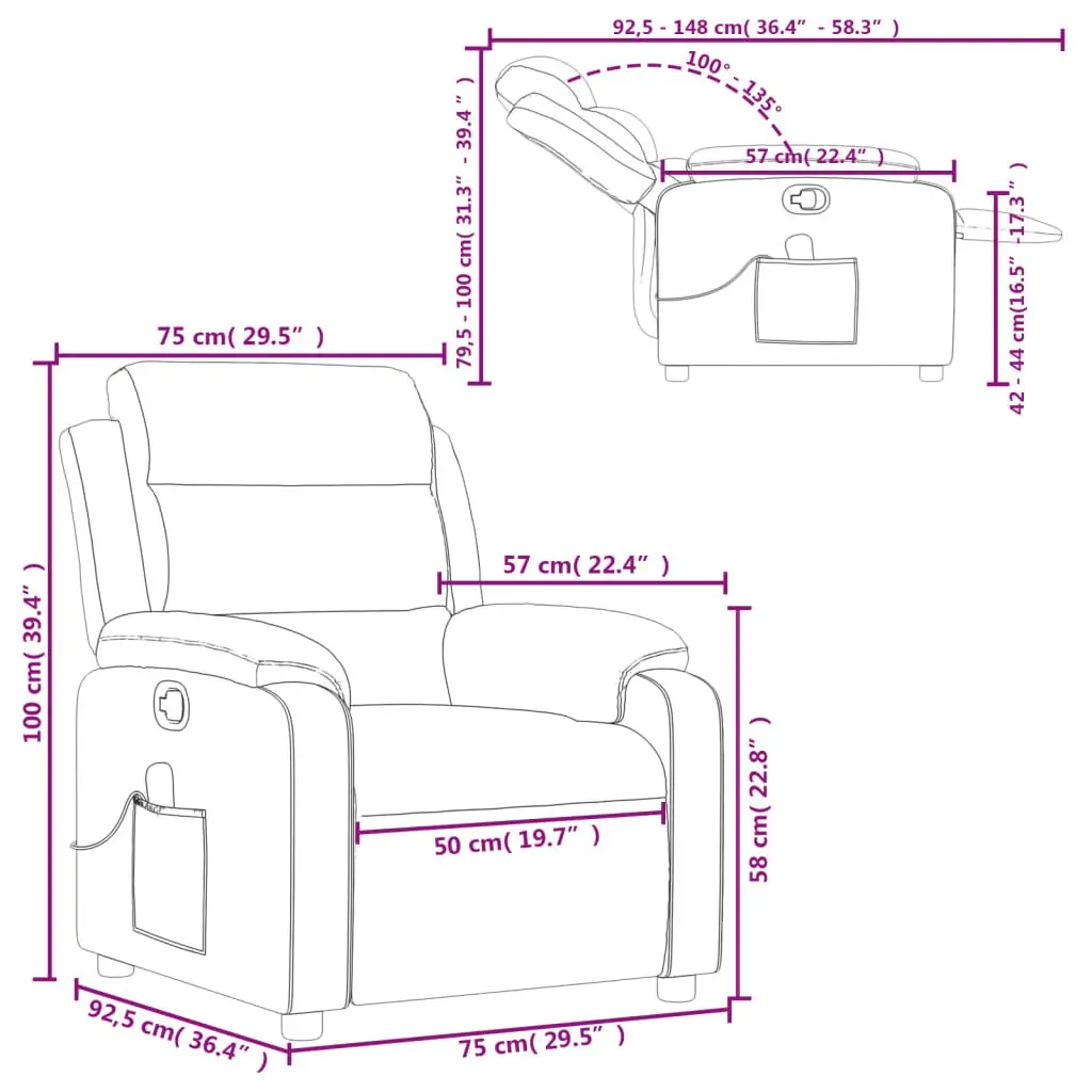 Massage Recliner Chair Grey Fabric Manual Recline 135 Degrees Vibration