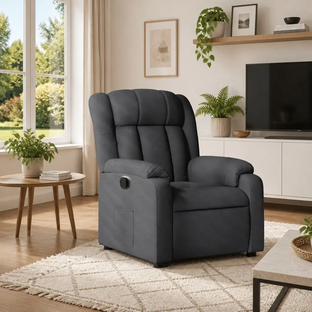 Recliner Armchair Manual Reclining Function Grey Fabric Padded Seat Backrest