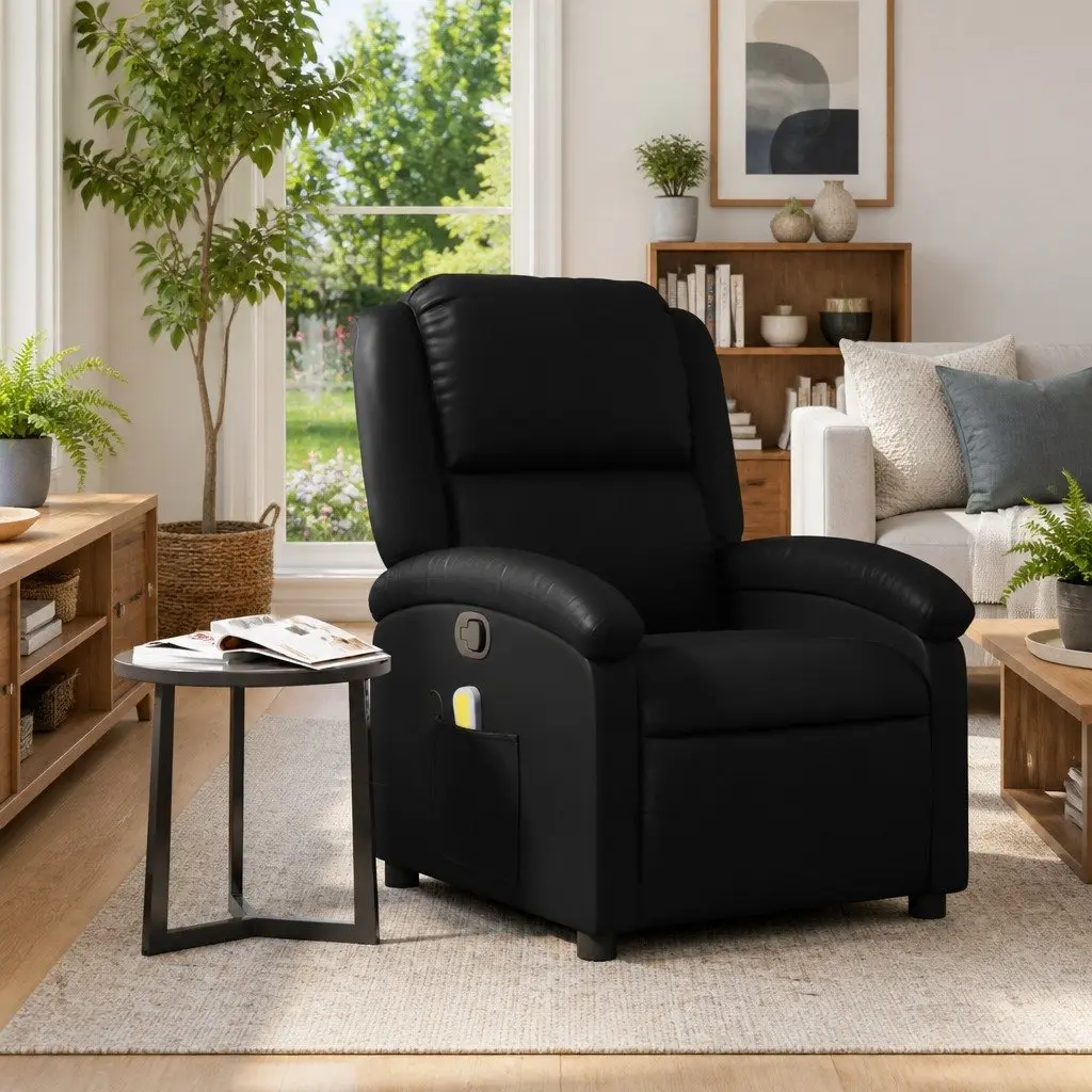 Massage Recliner Chair Manual Recline Black Faux Leather Adjustable Backrest Vibration