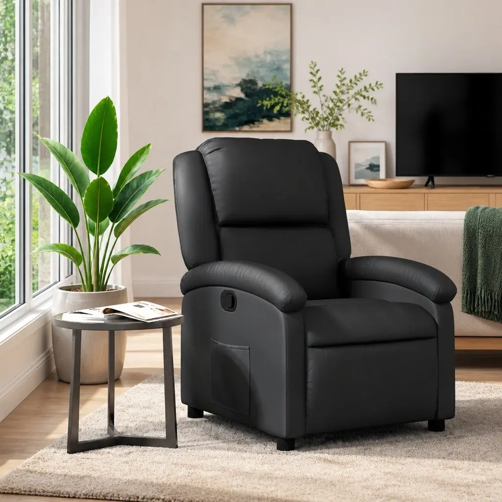 Recliner Armchair Black Leather Manual Reclining Function Adjustable Footrest Padded