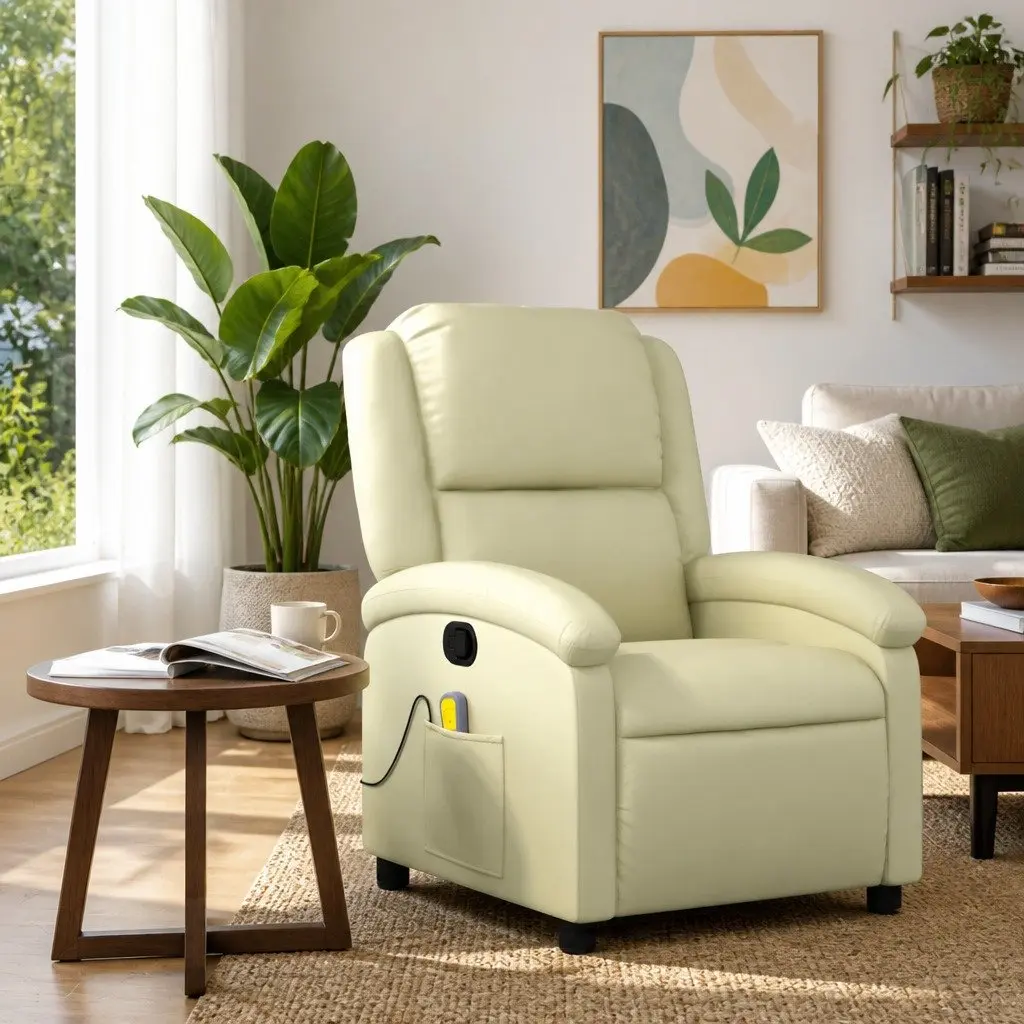 Massage Recliner Chair Manual Recline Cream Leather 6 Points Vibration