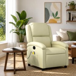 Cozy Cream Leather Recliner Chair with 6 Vibration Points