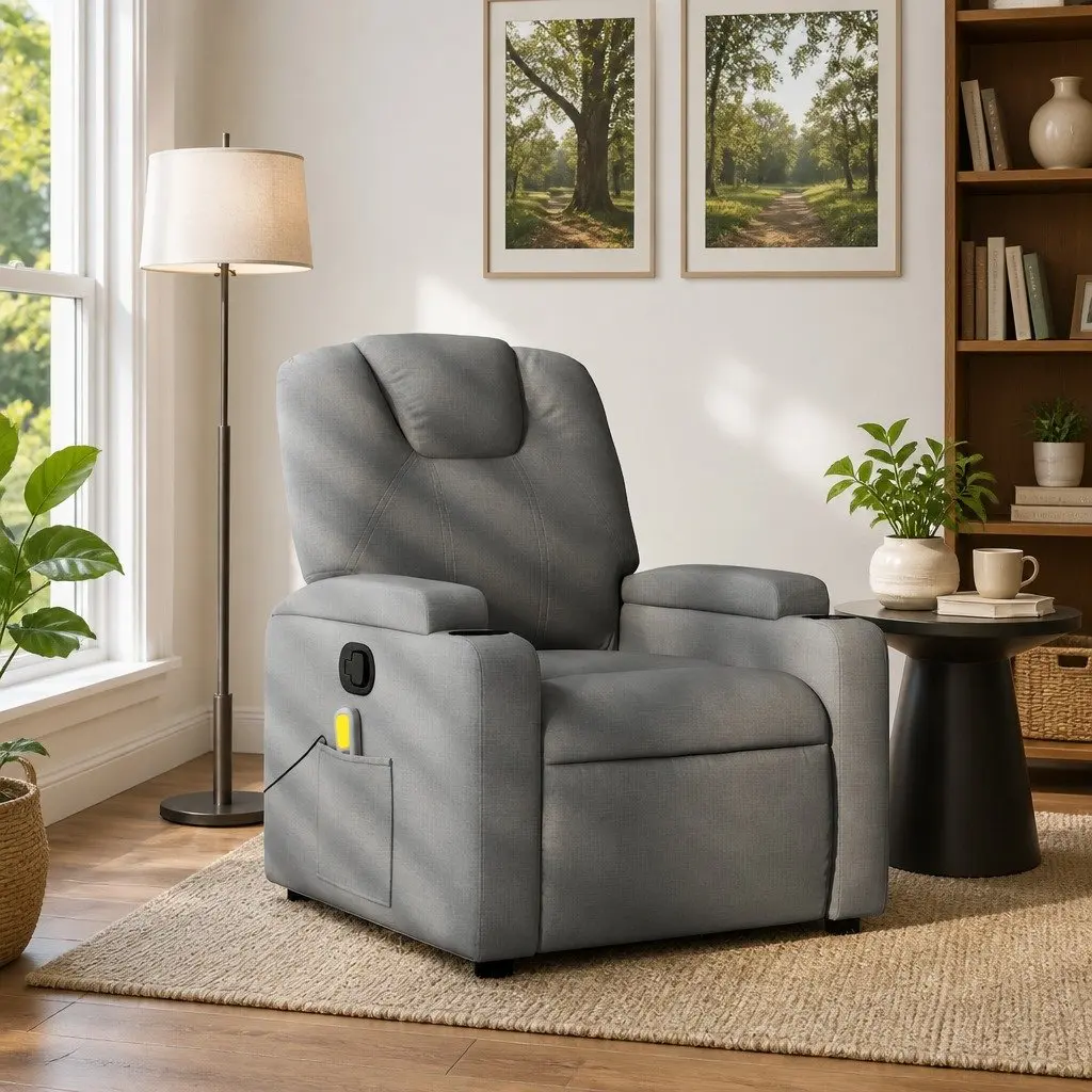 Massage Recliner Chair Grey Fabric Manual Recline Vibration Function