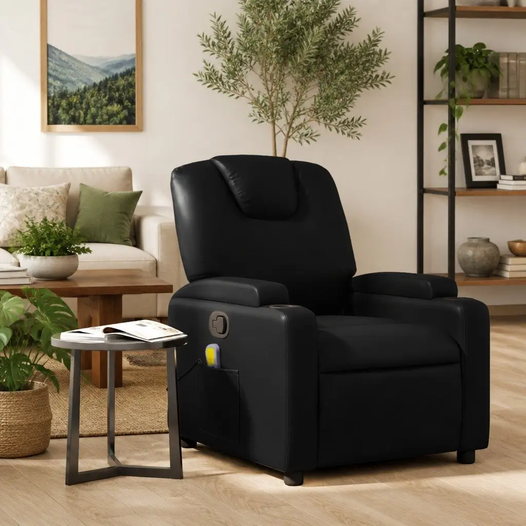 Massage Recliner Chair Black Faux Leather Manual Recline Armchair with 6