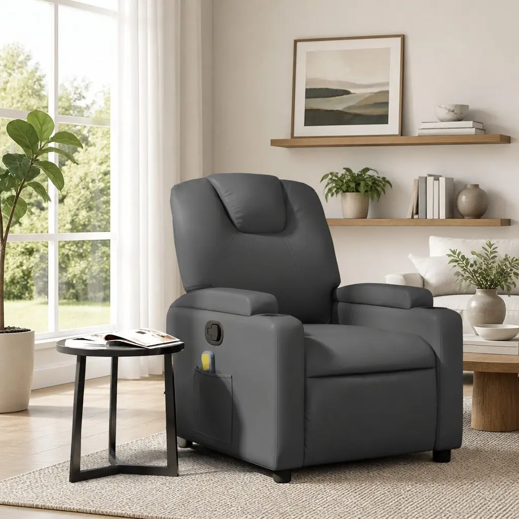 Recliner Chair Manual Vibration Function Grey Faux Leather Massage Armchair