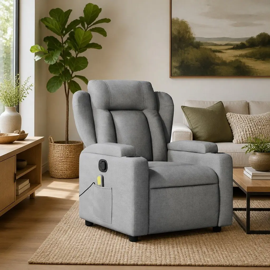 Recliner Chair Manual Light Grey Fabric Massage Armchair with Vibration Technology