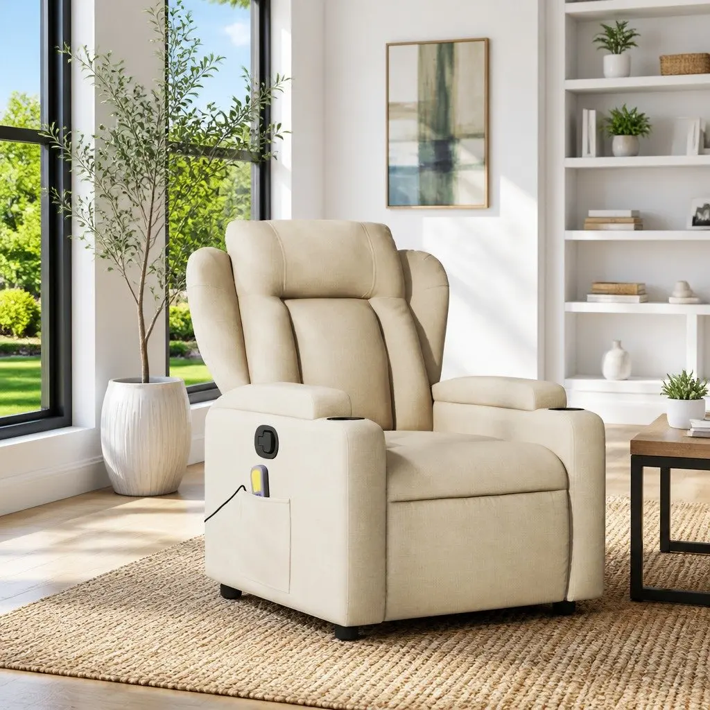 Massage Recliner Chair Cream Fabric Manual Recline with Cup Holders