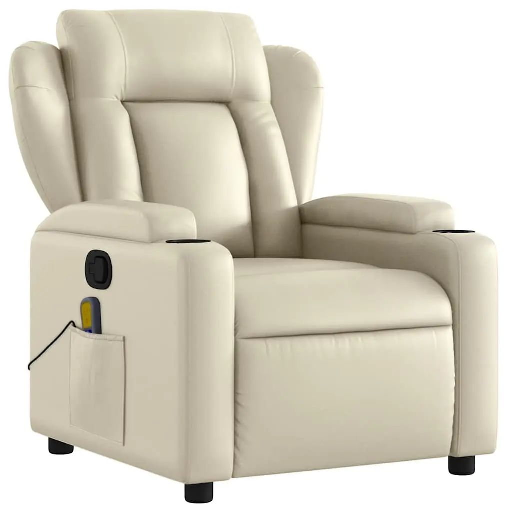 Massage Recliner Chair Cream Faux Leather Manual Recline 135 Degrees with 6 Point Vibration Massage