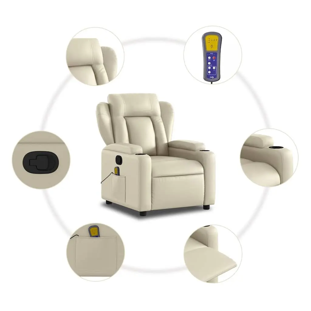 Massage Recliner Chair Cream Faux Leather Manual Recline 135 Degrees with 6 Point Vibration Massage