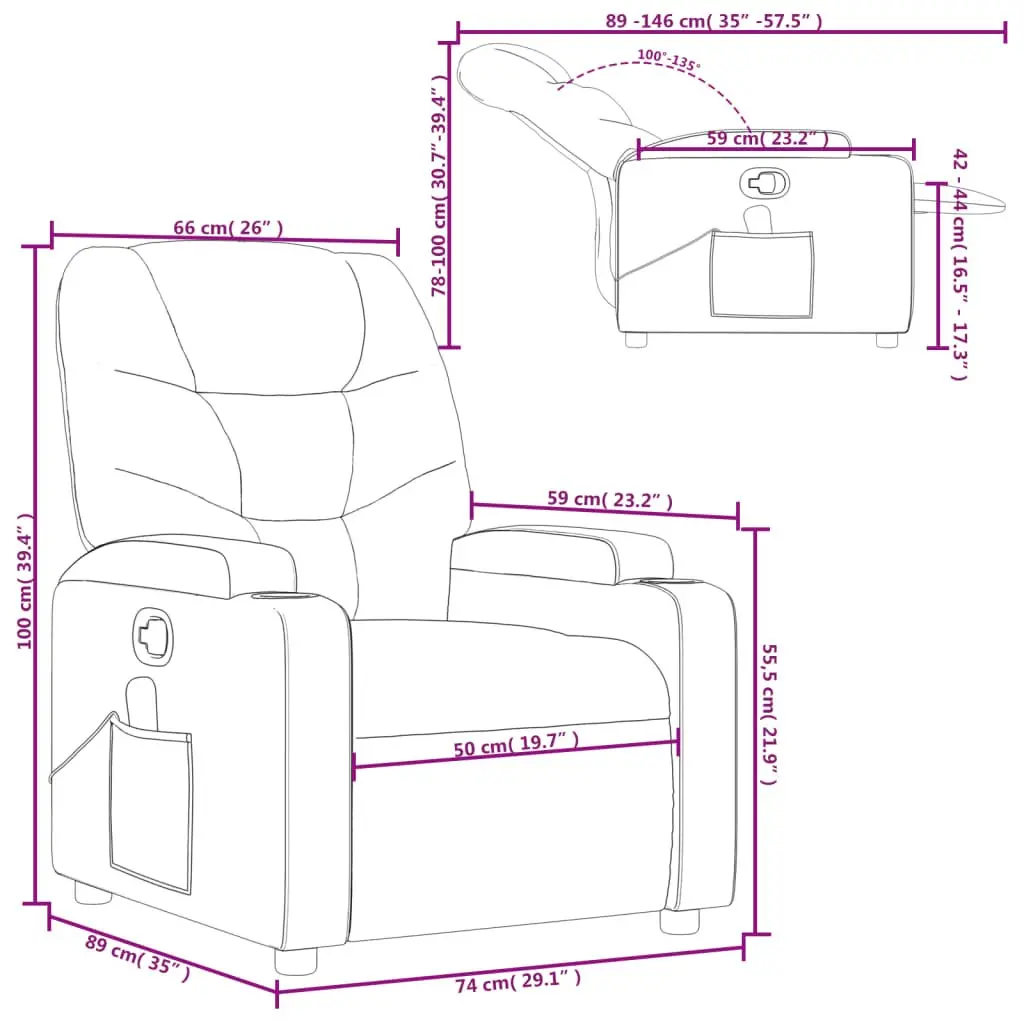 Massage Recliner Chair Manual Recline Grey Fabric 135 Degrees
