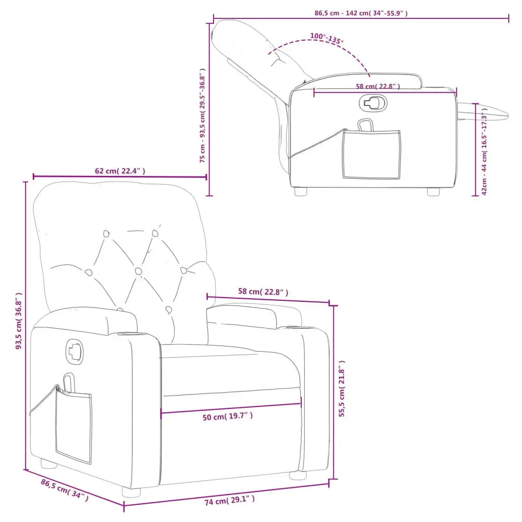 Manual Recline Massage Chair Grey Fabric Vibration Armchair Padded Seating