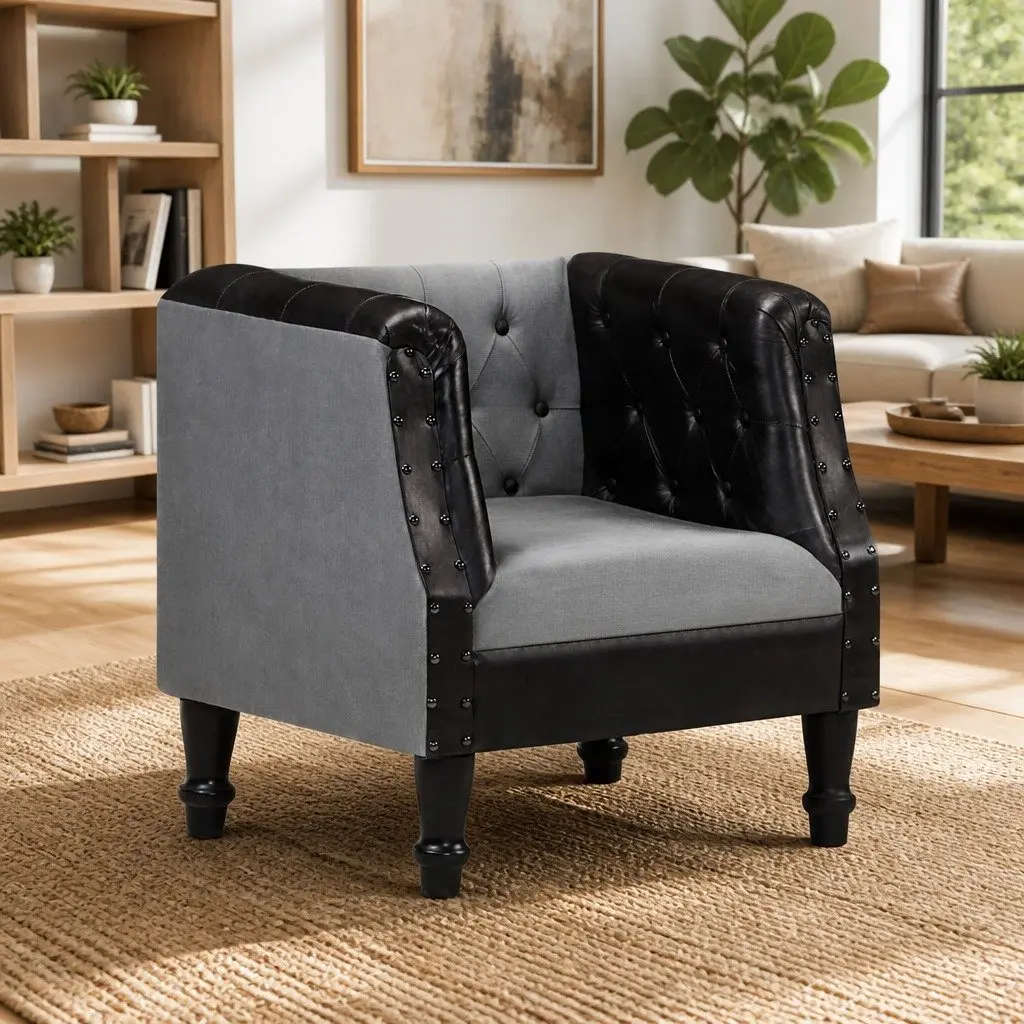 Tub Chair Black Leather Upholstered Solid Mango Wood Legs Curved Armrest Padded Seat