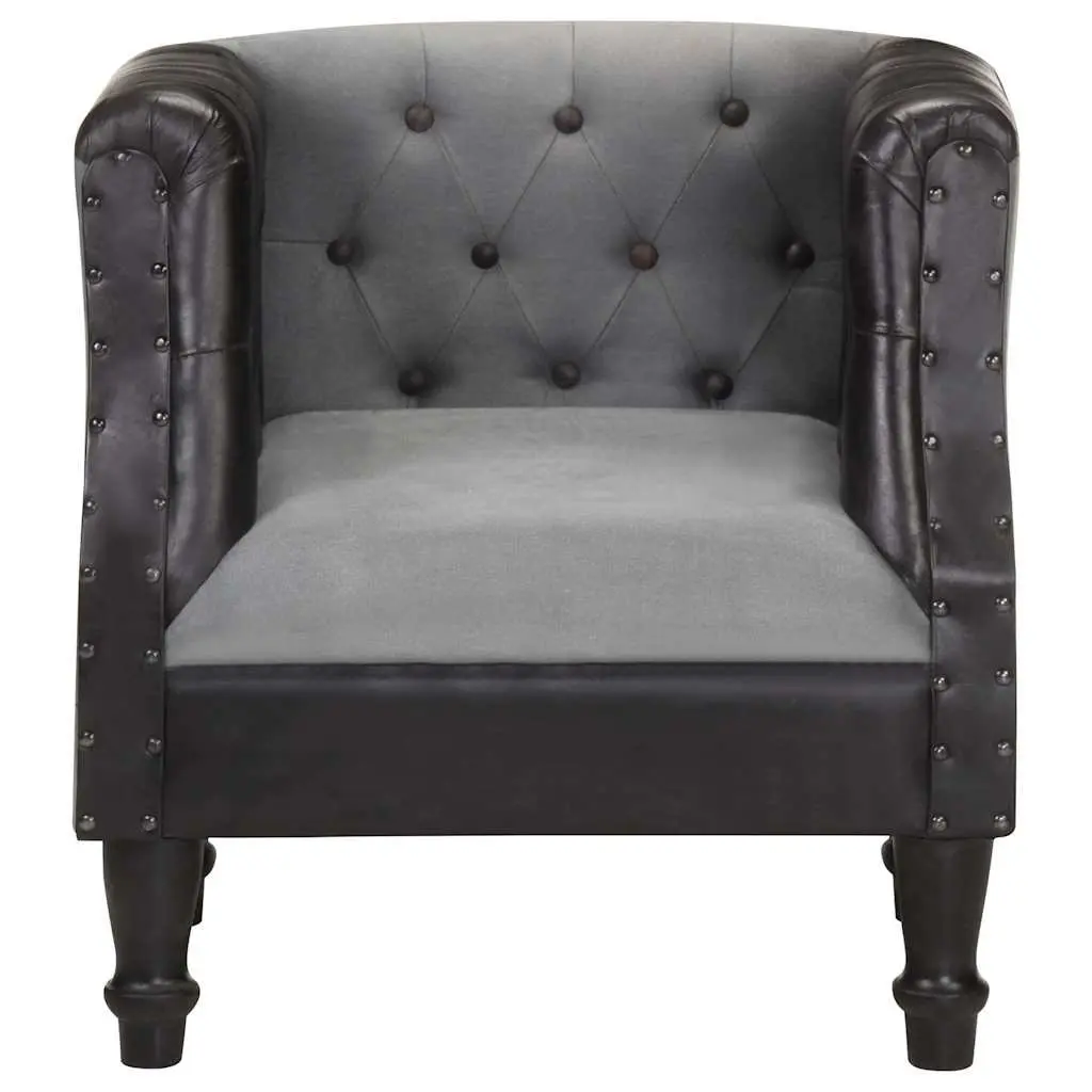 Tub Chair Black Leather Upholstered Solid Mango Wood Legs Curved Armrest Padded Seat