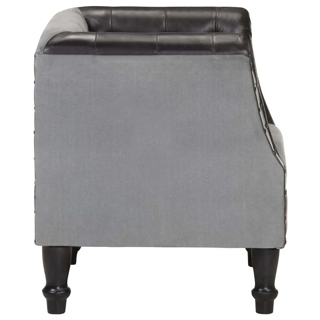 Tub Chair Black Leather Upholstered Solid Mango Wood Legs Curved Armrest Padded Seat