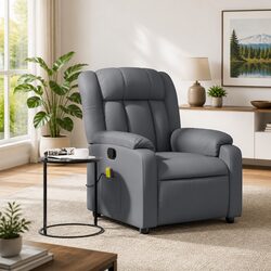 Massage Recliner Chair Grey Faux Leather Manual Recline Vibration Armchair