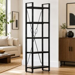 Friendly 5-Tier Black Bookcase with Unique Grain