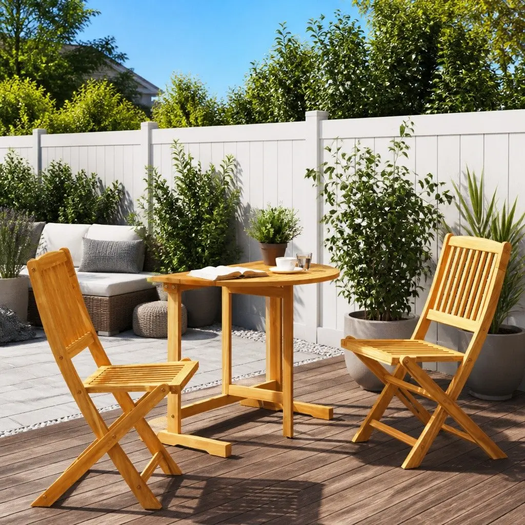 Folding Garden Dining Set Solid Acacia Wood 3 Piece Outdoor Bistro Table Chairs