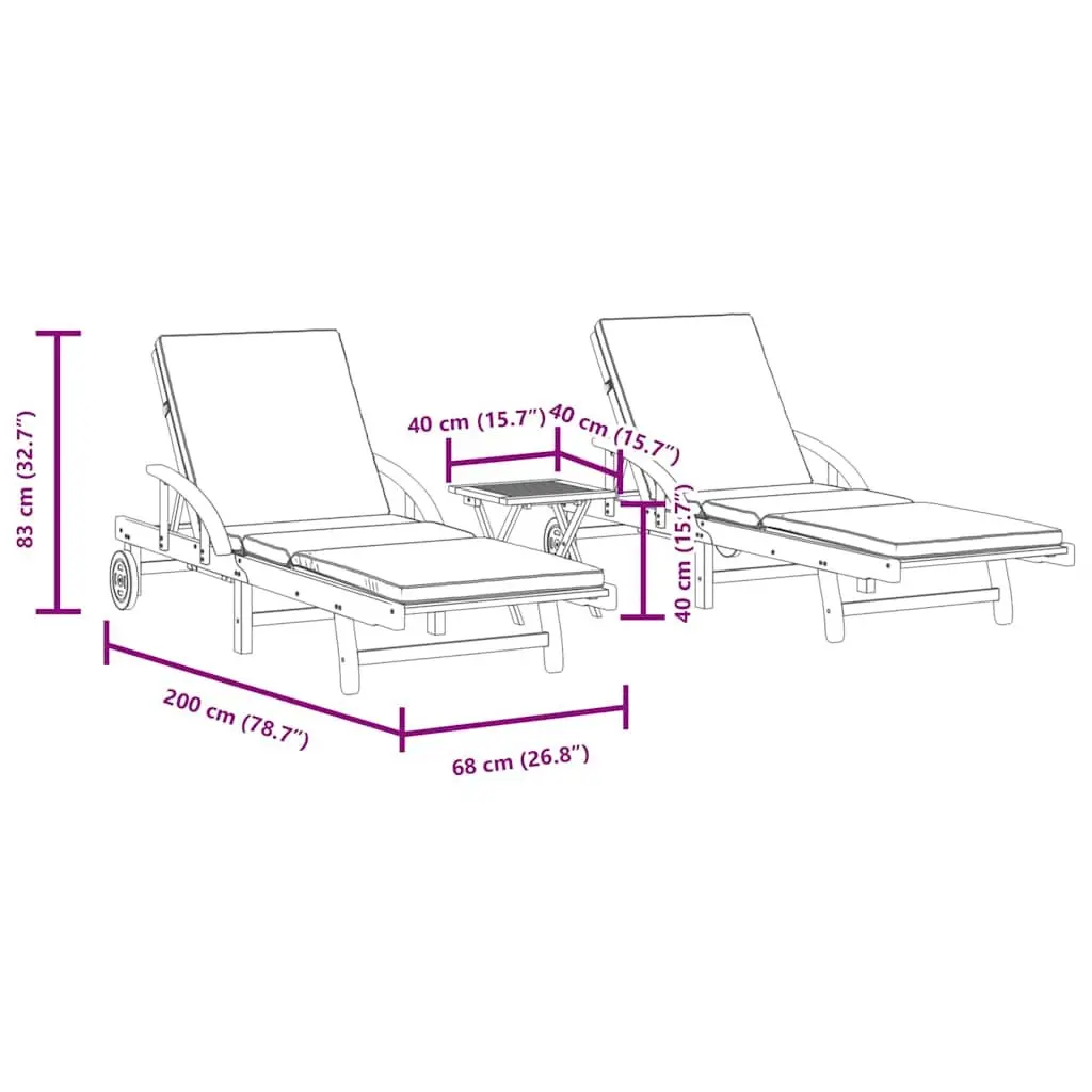 Sun Loungers Set Solid Wood Acacia Reclining 2 pcs with Pull Out Table