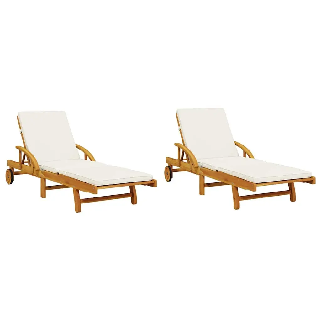Sun Loungers Solid Wood Acacia Brown 2 pcs with Cushions Outdoor Seating