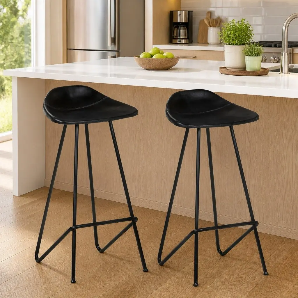 Bar Stools Industrial Style Black Leather Seat Iron Frame 2 Piece