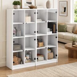 White Bookcase with Glass Doors Storage Cabinet Engineered Wood Shelving Unit