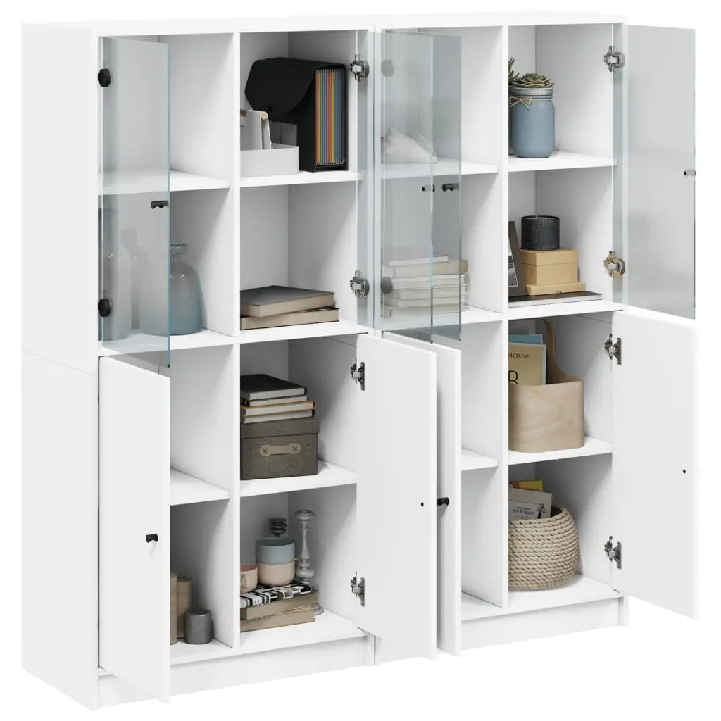 White Bookcase with Doors Storage Cabinet Engineered Wood Shelving Unit