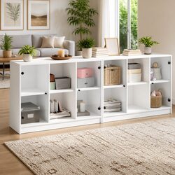 Friendly White Bookcase with Glass Doors, 204x37x75cm
