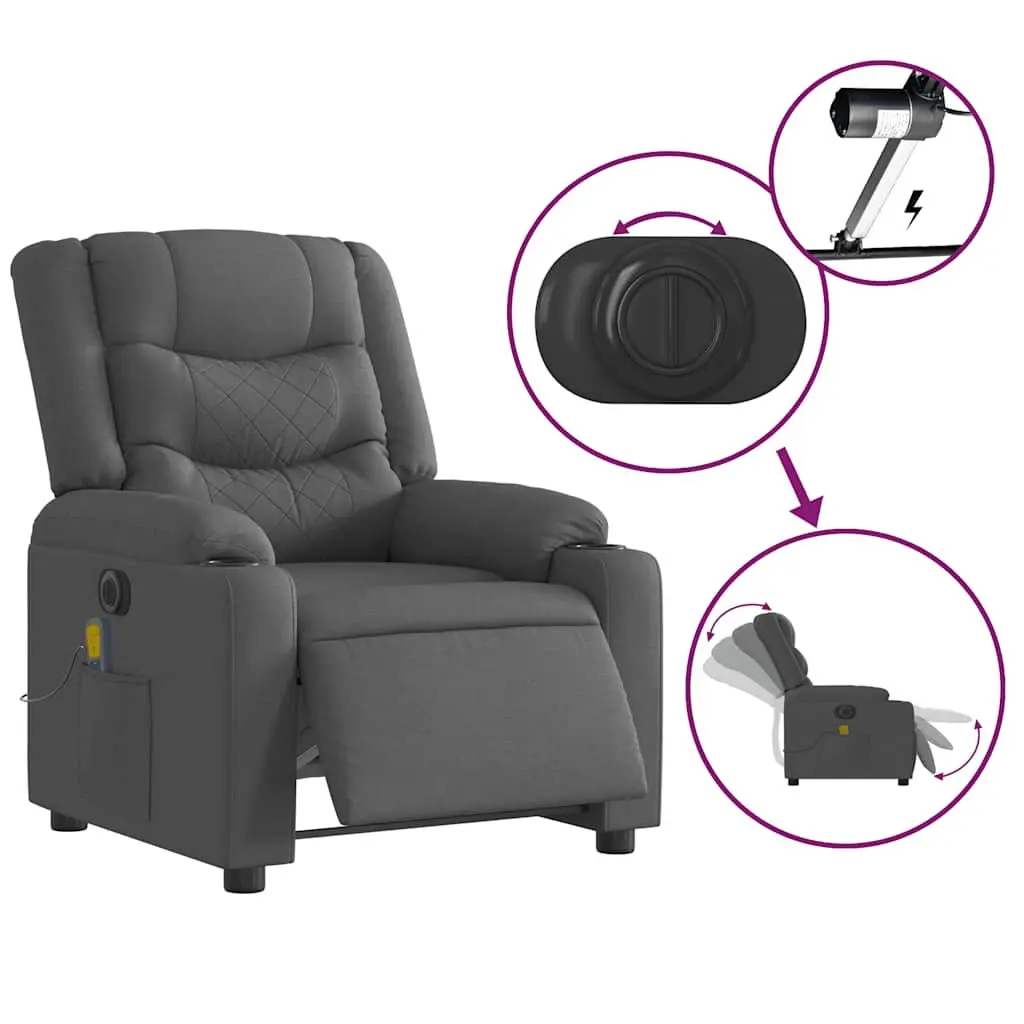 Electric Massage Recliner Chair Grey Fabric Motorised Reclining 135 Degrees