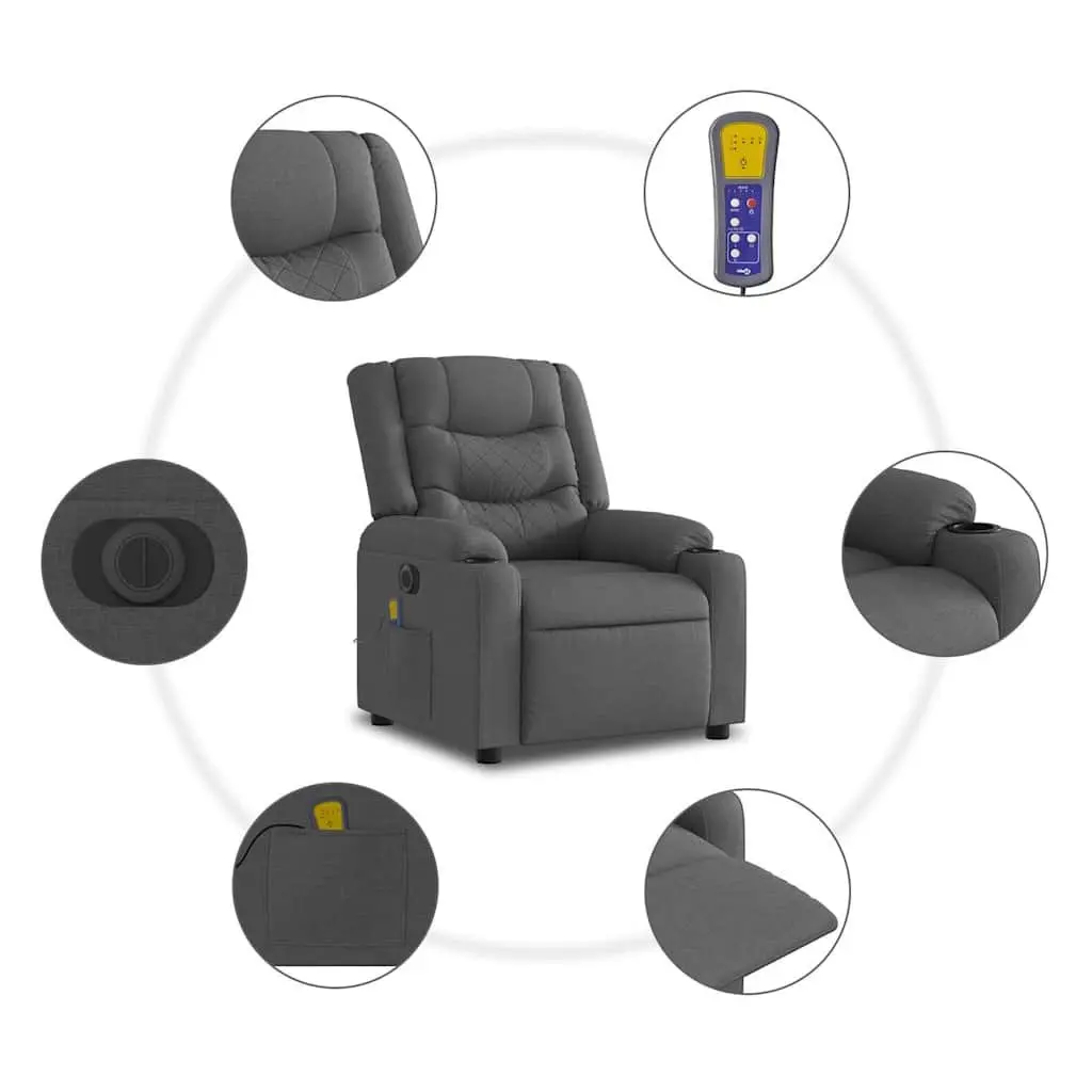 Electric Massage Recliner Chair Grey Fabric Motorised Reclining 135 Degrees