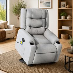 Electric Stand Up Massage Recliner Chair Light Grey Fabric Lift Armchair