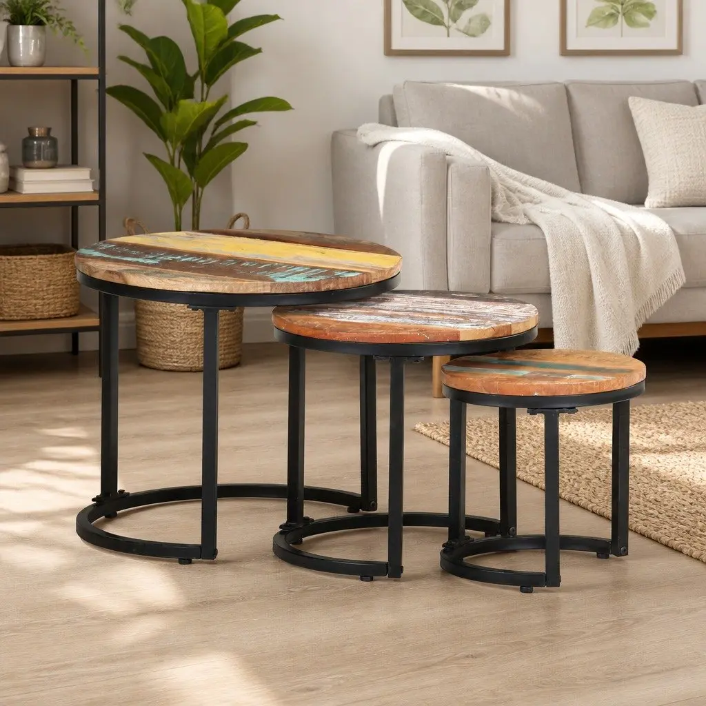 End Tables Solid Reclaimed Wood 3 Piece Set Industrial Home Decor