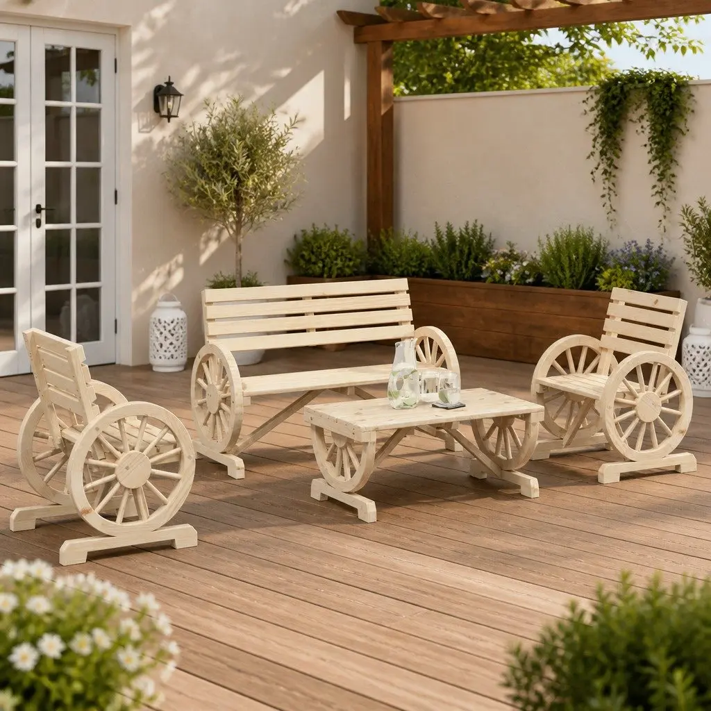 4 Piece Adirondack Style Garden Lounge Set Brown Wooden Chair