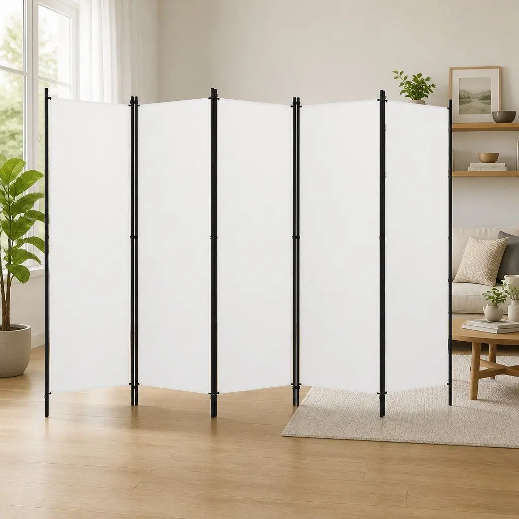 5-Panel Room Divider White Freestanding Folding Privacy Screen 250 x 180 cm
