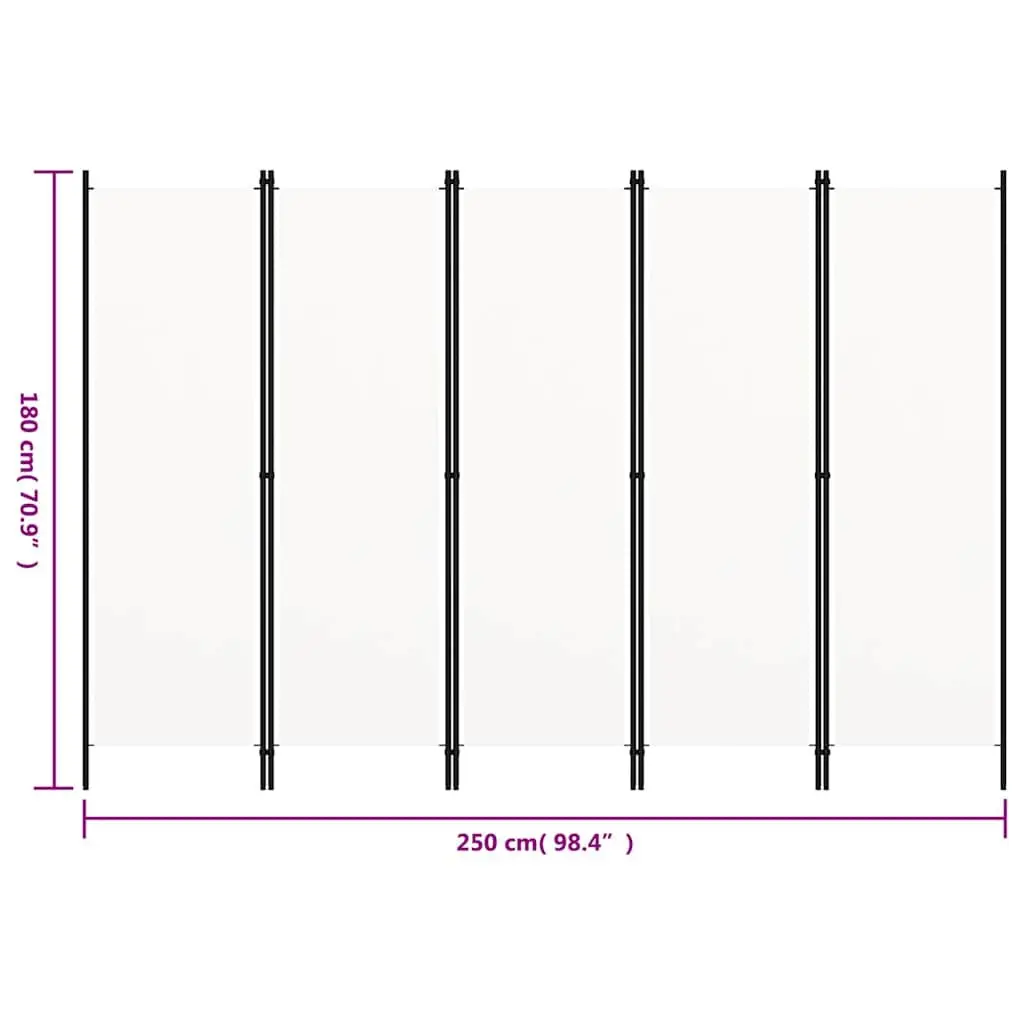 5-Panel Room Divider White Freestanding Folding Privacy Screen 250 x 180 cm