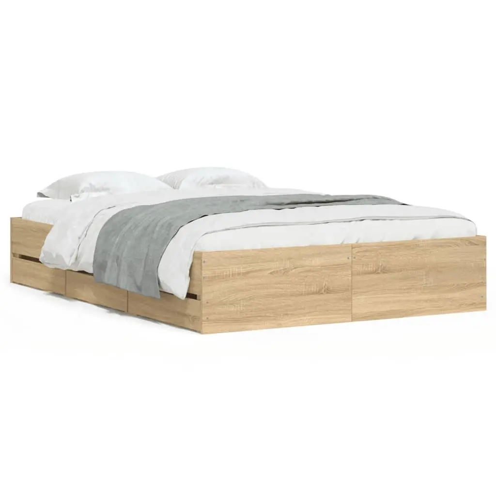 Bed Frame with Storage Drawers Brown Engineered Wood 135x190cm