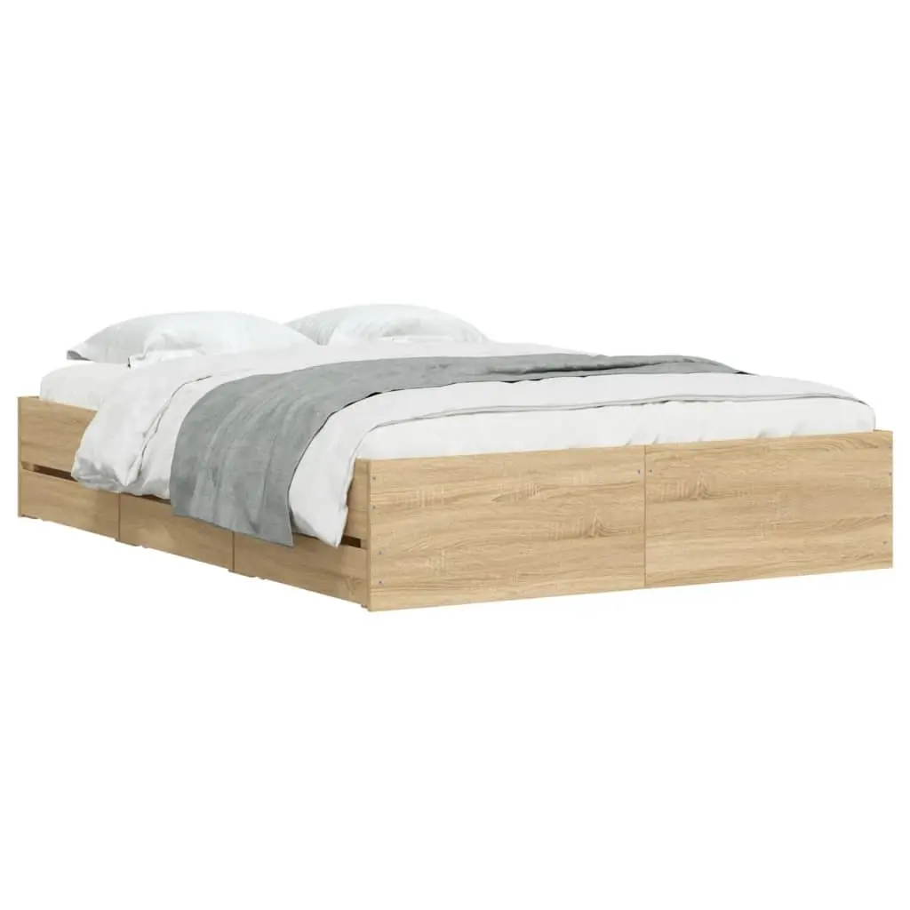 Bed Frame with Storage Drawers Brown Engineered Wood 135x190cm