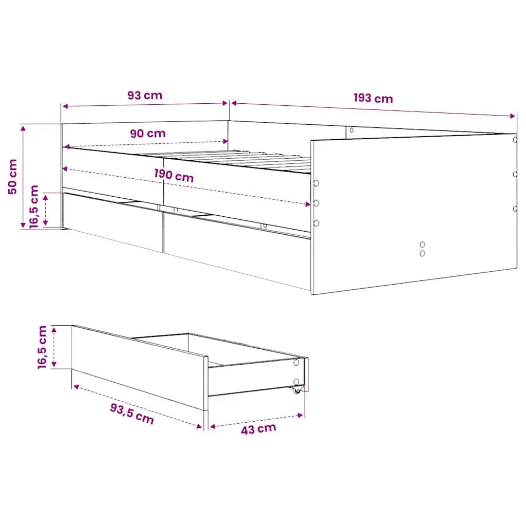Bed Frame with Storage Drawers Slatted Base Brown 90x190cm