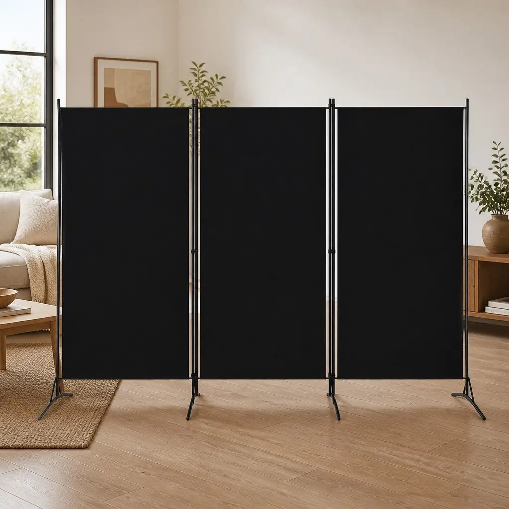 3-Panel Room Divider Black Folding Screen Fabric Partition 260 x 180 cm