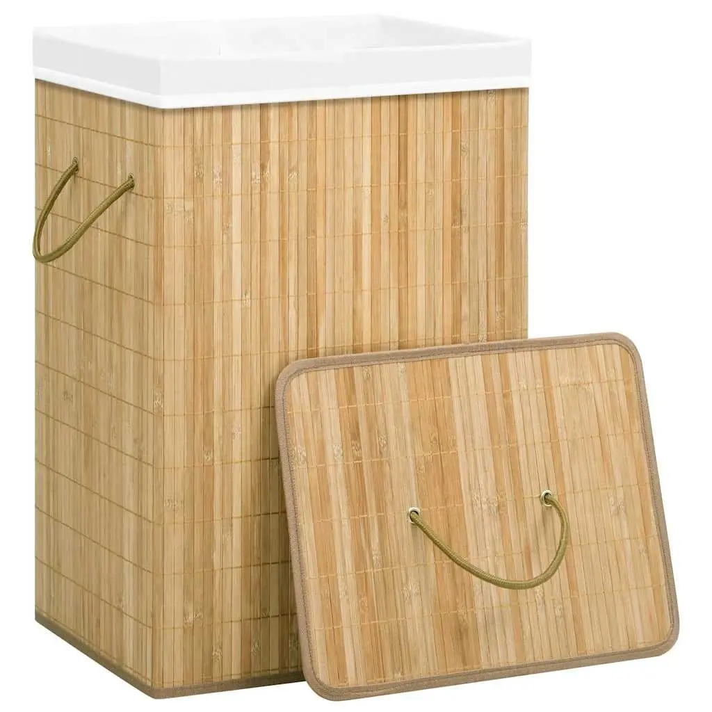 Bamboo Laundry Basket 72L Foldable 2 Section Storage Bin