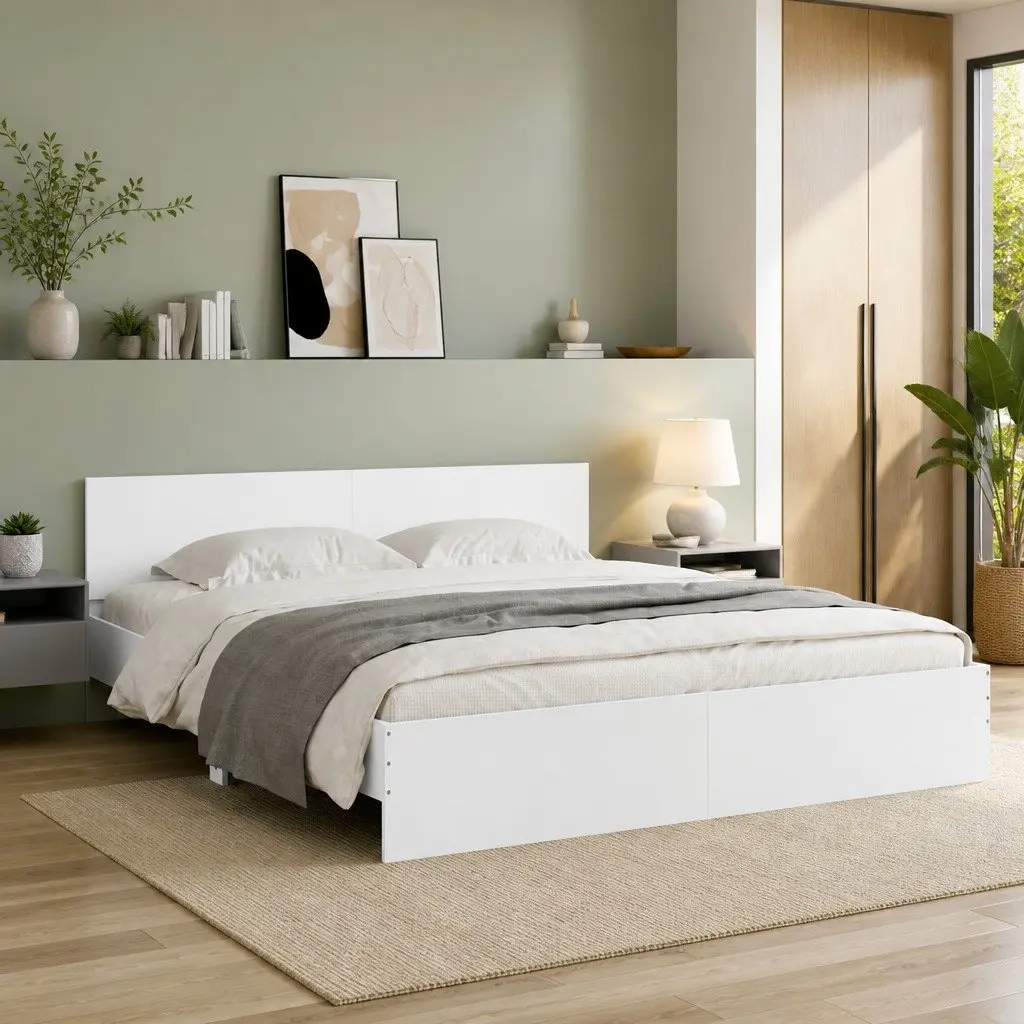 Bed Frame White Slatted Base 183x203 cm Headboard