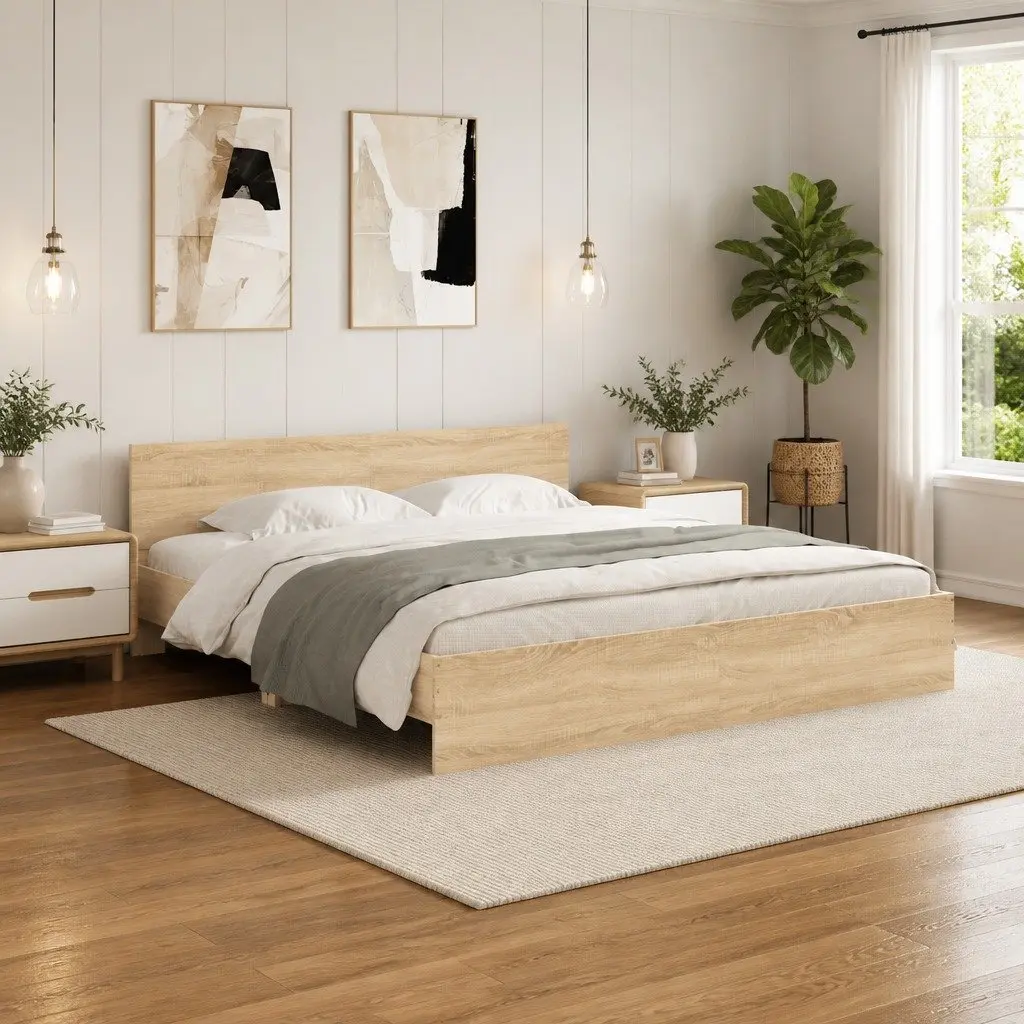 King Bed Frame Sonoma Oak Brown Engineered Wood Slatted Base Bedroom Furniture