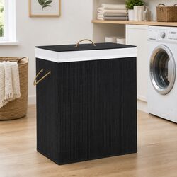 Bamboo Laundry Basket 2 Sections Black Removable Liner Handles Storage Organiser