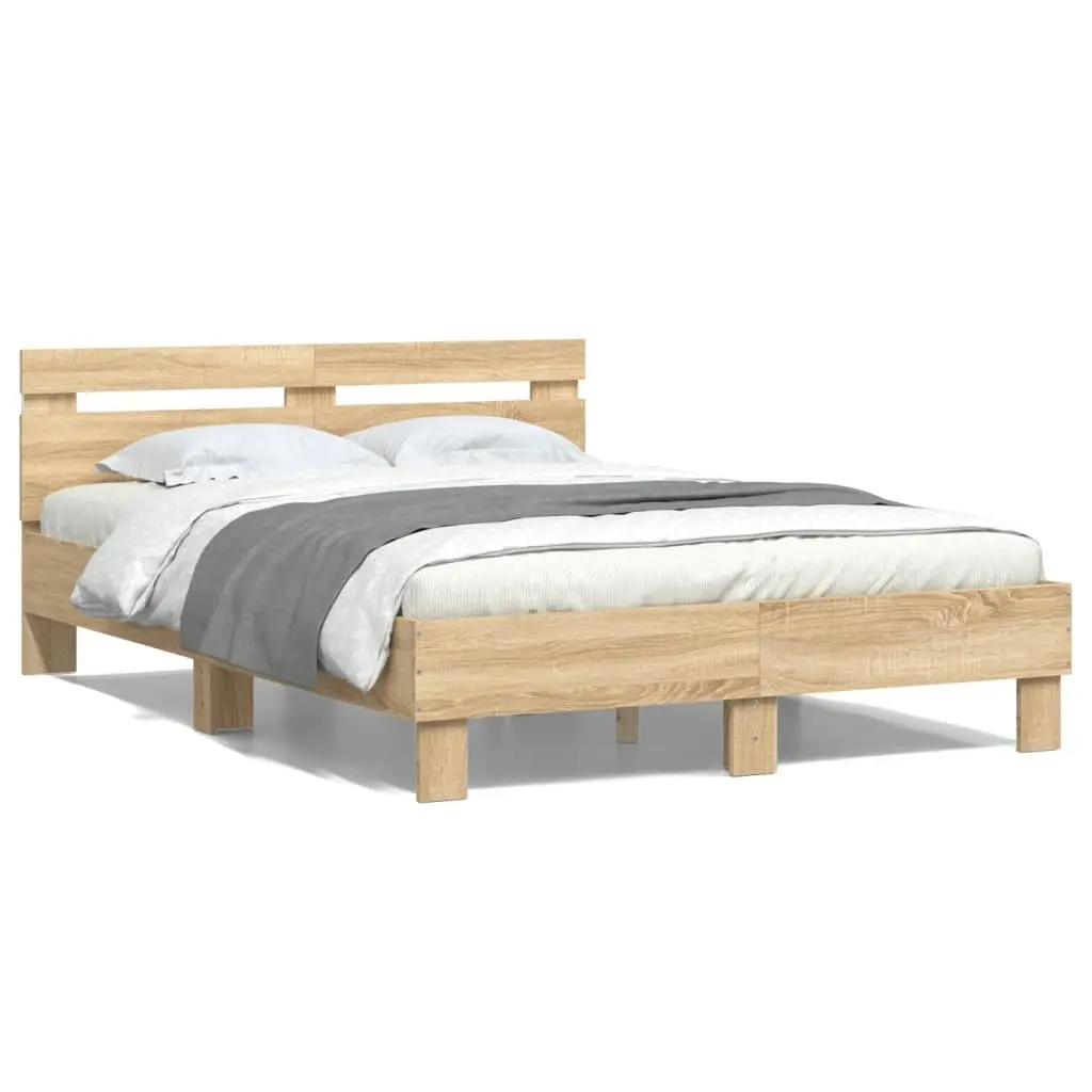 Bed Frame with RGB LED Lights Engineered Wood Sonoma Oak Brown 135x190cm