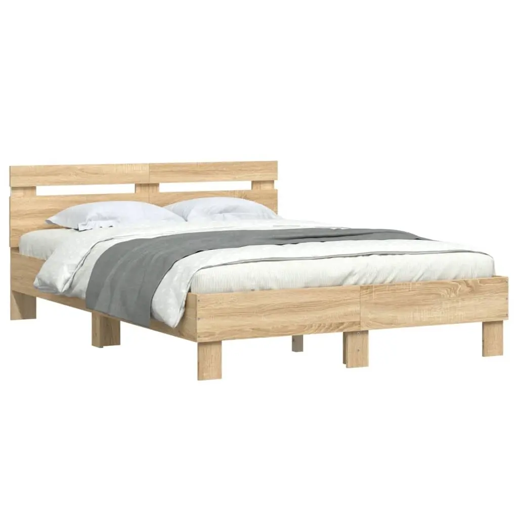 Bed Frame with RGB LED Lights Engineered Wood Sonoma Oak Brown 135x190cm