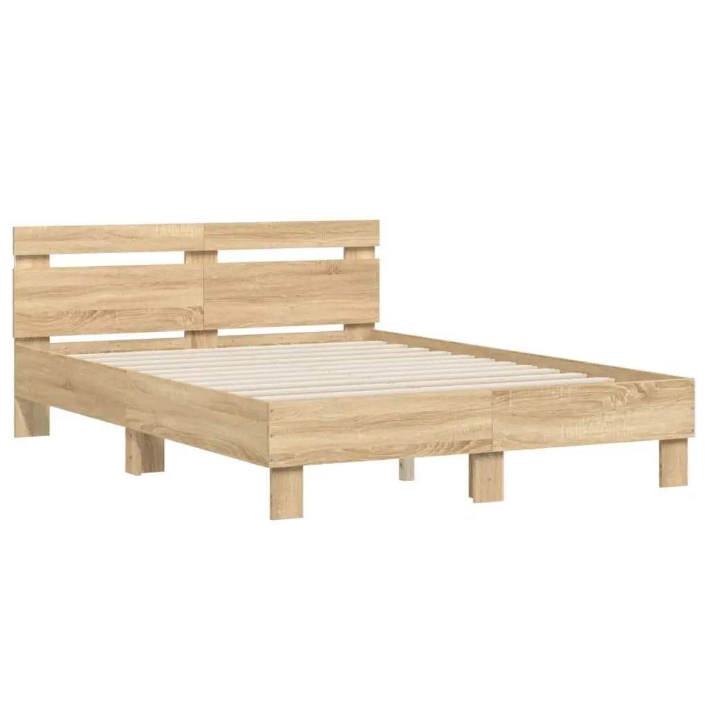 Bed Frame with RGB LED Lights Engineered Wood Sonoma Oak Brown 135x190cm