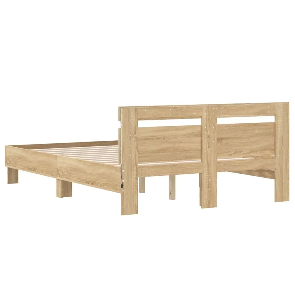 Bed Frame with RGB LED Lights Engineered Wood Sonoma Oak Brown 135x190cm