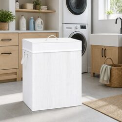 Bamboo Laundry Basket Single Section White 83L Hamper with Handles Storage