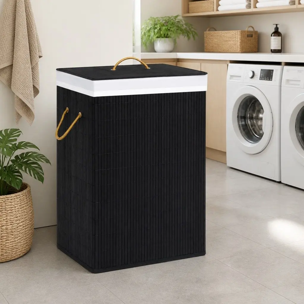 Bamboo Laundry Basket Black Single Section Household Storage Hamper with Handles